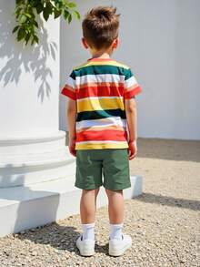 4-8岁男童彩色条纹上衣和卡其色短裤套装，轻便舒适，适合游乐场、海滩和日常穿着 - 墨綠色 - 查看 2
