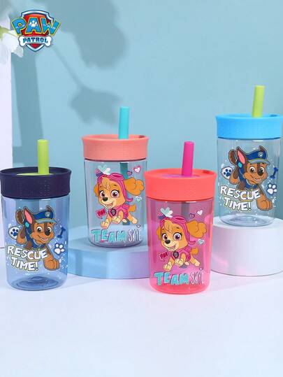  1PCPaw Patrol 12oz Cartoon Plastic Straw Water Bottle, Leak-Proof And Heat-Resistant, Portable Travel Mug, Suitable For Backpacks, Outdoor Camping, Cups, Christmas Gifts, Mugs, Gifts For Women.