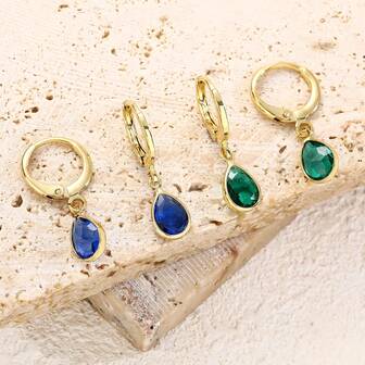 1 Pair 18K Gold Plated Copper Earrings For Women, Elegant Design With Shiny Green And Blue Cubic Zirconia Water Drop, Fashionable And Versatile
