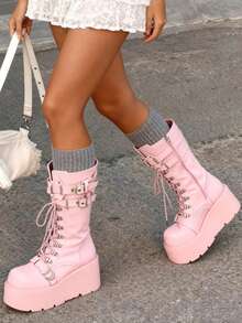 Goth Platform Boots For Women Back To School Punk Motorcycle Boots Mid Calf Round Toe Boots Back Zip Wedges Fall Boots - Hồng - Xem 6