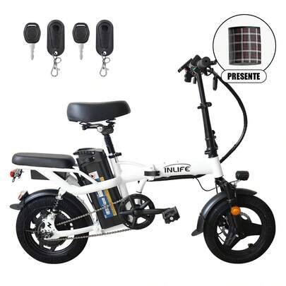 Bicicleta eléctrica plegable para adultos de 14 pulgadas: pico de 400 W, motor sin escobillas de alta velocidad, batería extraíble de 48 V 10 Ah, alcance de 45 KG, suspensión doble de dos asientos, 3 velocidades, neumáticos todoterreno, perfecto para caminatas, todoterreno, desplazamientos y regalos, estilo deportivo y componentes de alta calidad.