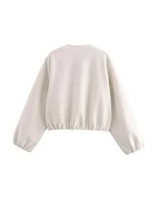 Chaqueta bomber casual de manga larga con cuello redondo, cremallera y bolsillos para mujer, ideal para el otoño - Beis - Ver 8