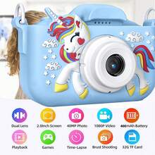 儿童相机带 32GB 卡，1080P 高清数码摄像机，适合 3-9 岁女孩男孩，圣诞节生日礼物，独角兽卡通自拍摄像机玩具，适合幼儿