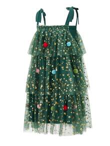 Women's Christmas Sleeveless Dress Tie Shoulder Strap Star Print Tiered Cake A-Line Tulle Dress - Green - View 2