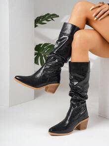 Bottes mi-mollet à talon épais avec enfiler pour femmes grande taille, couleur unie - Noir - Voir 6