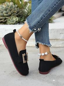Women's Round Toe Flat Loafers, 2025 New Soft Bottom Slip-On Shoes With Rhinestones, Square Buckle Flat Canvas Shoes, Moccasins - Black - View 7