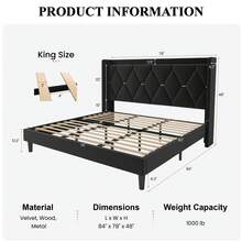 SHA CERLIN Full/Queen/King Velvet Upholstered Bed Frame With Charging Station, Modern Wingback Storage Headboard, Diamond Stitched & Gold Trim, No Box Spring Needed, Easy Assembly, Black - 黑色 - 查看 11