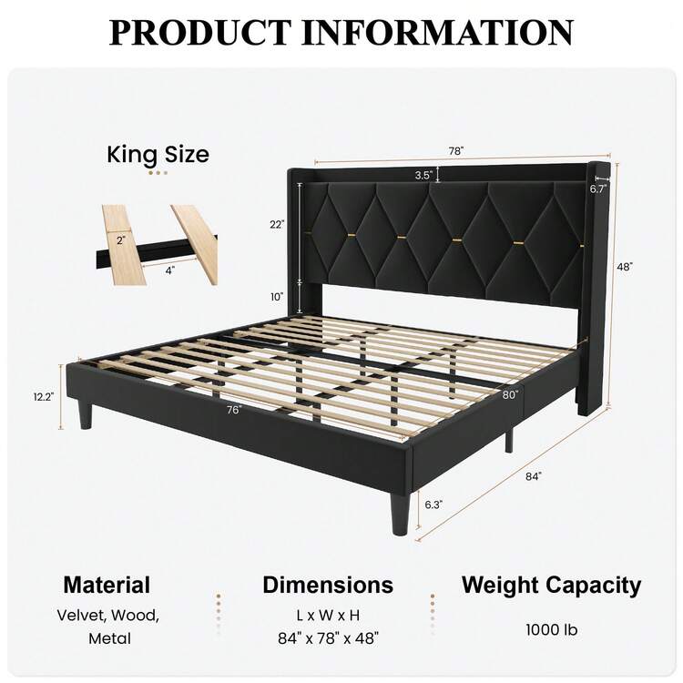 SHA CERLIN Full/Queen/King Velvet Upholstered Bed Frame With Charging Station, Modern Wingback Storage Headboard, Diamond Stitched & Gold Trim, No Box Spring Needed, Easy Assembly, Black - 黑色 - 查看 11