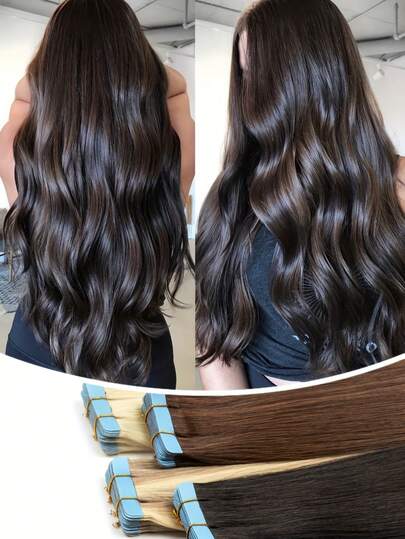 Tape-in-Haarverlängerungen aus Echthaar, unsichtbare Tape-in-Haarverlängerungen aus Echthaar, nahtlose Tape-in-Haarverlängerungen aus Remy-Echthaar, Tape-in-Extensions mit unsichtbaren Rändern, lang, glatt, 20 Stück/Packung, Farben: Blond, Klavierlack und Schwarz, 12/16/20 Zoll Echthaar, für mehr Länge und dickere Spitzen