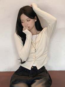 2025 Spring/Autumn Casual Versatile Women Button-Up Cardigan Sweater - Apricot - View 4