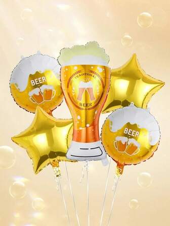 5件套啤酒气球套装，包含欢乐啤酒杯气球、18英寸金色星星气球、欢乐啤酒圆形气球，适合生日派对、啤酒节、啤酒主题派对、家居装饰。