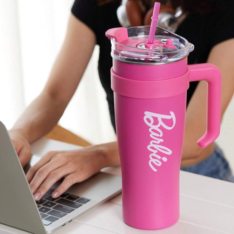 Miniso 1600ml Barbie Collection Large Capacity Stainless Steel Water Bottle With Straw Locking Leak-Proof Lid Travel Coffee Mug Tumbler With Handle Present For Woman - Pink - View 1