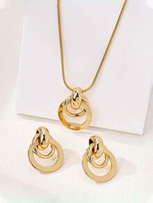 YUNCHUN 3pcs/Set Fashionable Metal Geometric Circle Jewelry Set For Women, Versatile Design Suitable For Daily Wear And Various Occasions - Gold - View 6