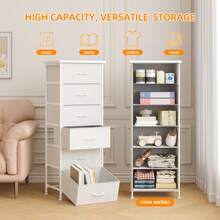Tomnk 6 Drawers End Table, Tall Dresser & Chests Of Drawers, Fabric Sofa Table For Closet, Bedroom, Night Stand, End Table With Metal Frame, Storage Tower With Fabric Bins, PU Leather, Ideal Mother's Day Gift - 白色 - 查看 6