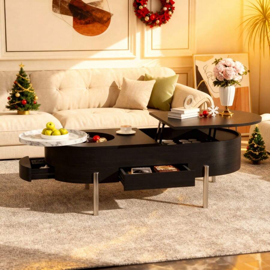 Mesa de centro de vacaciones - Mesa de madera moderna de 47" con vidrio templado, estilo acanalado y cajones, ideal para la sala de estar navideña - Negro + Madera maciza + MDF - Ver 1