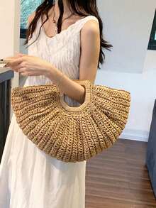 [US-Based Shipping]1pc Large Capacity Pleated Semi-Circle Woven Tote Bag, Solid Color, Fashion Straw Handbag For Women, Suitable For Beach, Vacation,Travel, Daily Shopping, Great Mother's Day Gift,Women's Fall Clothing Winter Clothing Christmas Gift Fall Autumn Velvet Furry Party Fuzzy Plush Thanksgiving Festival Cyber Monday Holiday Knitted Winter,Khaki Handbag Tote Bag Woven Bag Open Straw Bag Round Bag,Woven Straw Open Top Round Bag,Eye-Catching Beach Bag Summer,New Summer Vacation Style Solid Color,Vacation Essentials,Perfectly Matching With Beach Accessories Women,Crescent Moon Bag For Women, Straw Purse,Beach Necessities,Women's Fall Clothing Winter Clothing Christmas Gift Fall Autumn Velvet Furry Party Fuzzy Plush Thanksgiving Festival Cyber Monday Holiday Knitted Winter,Stitch Purses And Bags Women Black Purse Bags For Women Carteras Para Mujer Gold Purse Brown Purse Pink Purse Crossbody Bags For Women Bolsos Para Mujer Handbags For Women Shoes Tote Bags For Women - Màu Khaki - Xem 2