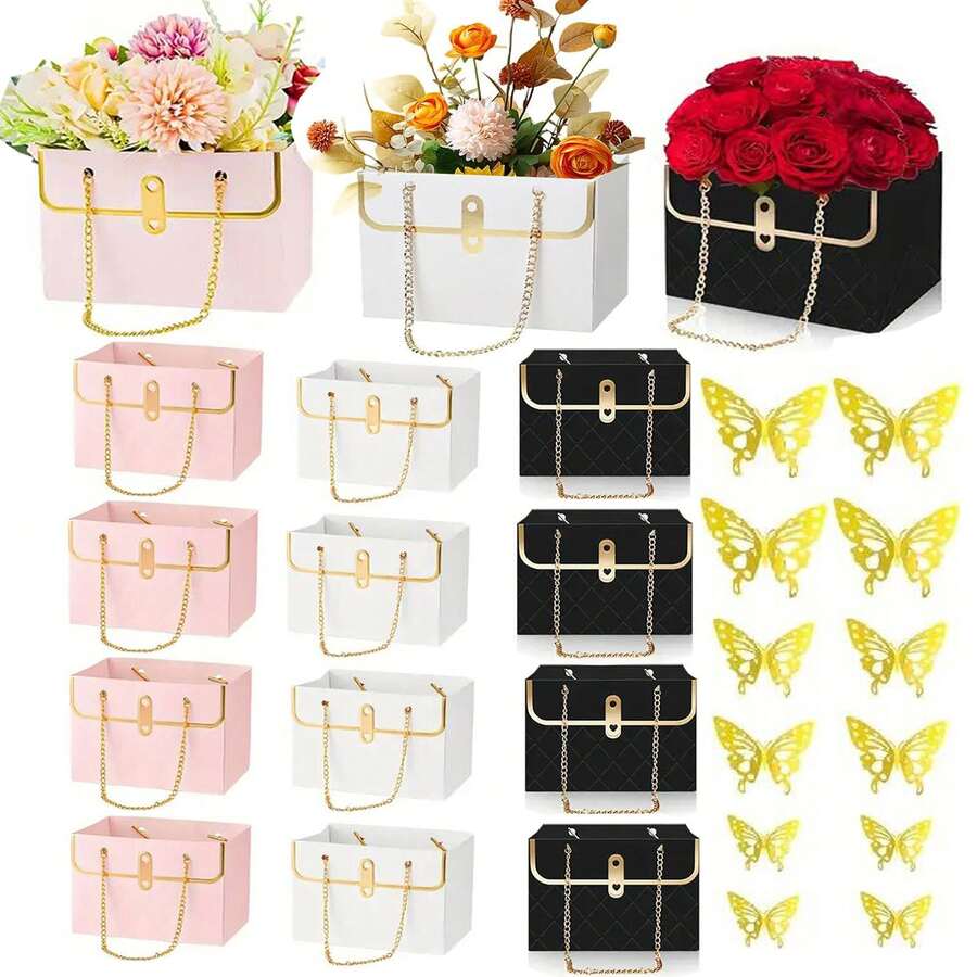 24pcs Flower Gift Bag Set, Including 12pcs Flower Box And 12pcs 3D Butterfly Decor, Multi-Functional Flower Box Portable Handbag Suitable For Bouquets, Great For Party, Mother's Day, Wedding, Birthday, Graduation, Valentine's Day And More - Multicolor - View 1
