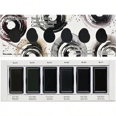 Kuretake Gansai Tambi SUMI Colors 6 Color Set Watercolor Paint Set Ideal For Calligraphy Illustrations Brush Lettering Fineart And More Black Sumi Ink Color Made In Japan MC20SU 6V