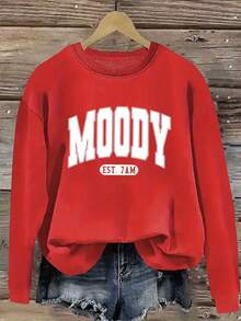 Fashion Apparel Sweatshirt With Code Fashion MOODY Letter Print Sweatshirt, Spring And Autumn Round Neck Casual Sweatshirt, Women's Clothing, Code Women's Clothing Classic Versatile - 黑色 - 查看 8