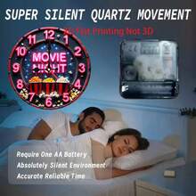 1pc 9. 8-Inch Silent Non-Luminous Wall Clock - Movie Night Theme With Neon Text & Popcorn Design, Artificial Wood Quartz Battery Operated (AA Not Included) For Living Room, Bedroom, Home Theater Decor, Bedroom Timepiece, Small Wall Clock For Living Room, 2D Flat - Wooden Wall Clock - View 7