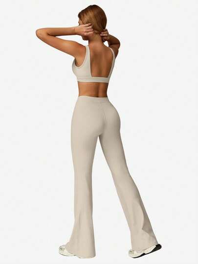 MFVIM Sports Set, Deep Neck Padded Wireless BH High Waist Flared Stretchy Pants, Slimming Wide Leg, Yoga, Pilates, Running, Com Tafel Skin Friendly Wear view 8