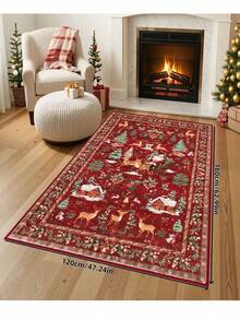 1 Pc Christmas Tree And Santa & Reindeer Beige Carpet, Non-Skid And Washable, Very Suitable For Living Room, Bedroom, Hallway, Indoor And Outdoor Use, Easy Home Christmas Decoration And Room Decoration