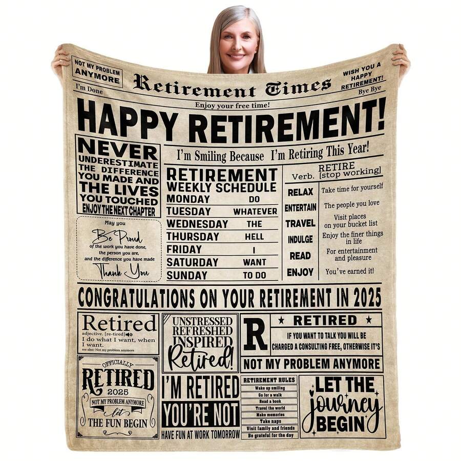 [Retirement Blanket] 1pc Happy Retirement Blanket For Men & Women - Fun & Inspirational Fleece Throw With Humorous Retirement Phrases, Perfect Farewell Gift For Coworkers, Best Retirement Present For All Seasons, Cozy Flannel Blanket - Multiple Sizes Available, Ultra Soft For Sofa/Bed, Winter Necessity - 彩色 - 查看 1