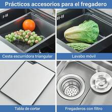 Selense Fregadero de cocina rectangular inteligente de color gris  plomizo de 60 * 46 cm, fregadero de cocina portátil empotrado de acero inoxidable de un solo seno con caño en cascada, superficie de trabajo en encimera, con juego de accesorios completo (estante para tazas, cesta escurridora, tabla de cortar), Adecuado para comedores, cocinas, autocaravanas y bares,Decoración de cocina moderna. - Gris gunmetal - Ver 5