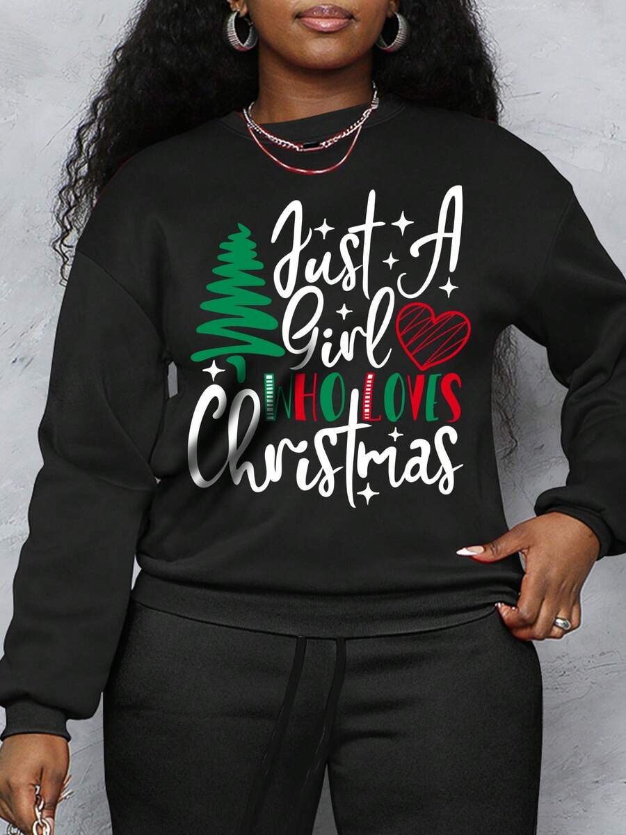 Sudadera de cuello redondo con forro térmico para mujer de talla grande - Estampado de árbol con letras navideñas, uso casual diario, moda versátil para vacaciones - Negro - Ver 1