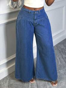 Women's Mid-Rise Solid Light Blue Non-Stretch Wide Leg Jeans - Elegant & Casual For Home Leisure - Dark Wash - View 2