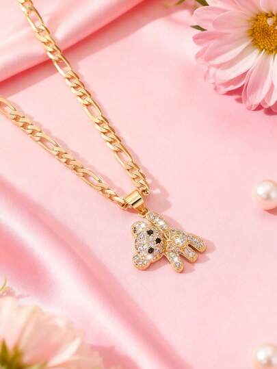 1pc Copper Inlaid Zirconia Cute Mischievous Swing Bear Pendant Necklace, Suitable For Girls/Boys/Family/Friends, Multifunctional, Luxury, Party, Banquet, Holiday, Christmas, Thanksgiving, Halloween, Gift