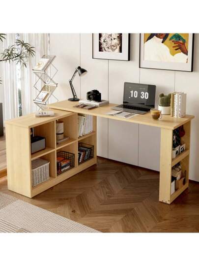 140 104 75cm Multifunctional Office Table, Six Compartment Storage Cabinet Shelf, Wide Thick Desktop, Per ated Board Super Load Bearing, Changeable Shape, Natural