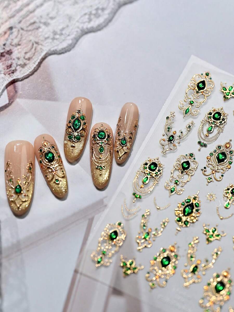 1片复洛克金箔美甲贴纸，奢华仿宝石设计美甲装饰，女士及女孩DIY美甲配件，适合美甲新手 - 彩色 - 查看 1