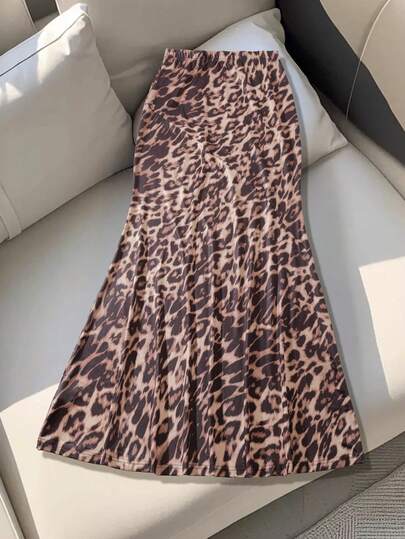 2025 Autumn New Leopard Print Elegant Knit Fabric Mermaid Hem Skirt, Suitable For Dates, Singles Parties, Street Wear, Daily Wear, All Seasons