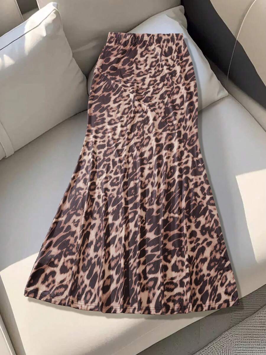 2025 Autumn New Leopard Print Elegant Knit Fabric Mermaid Hem Skirt, Suitable For Dates, Singles Parties, Street Wear, Daily Wear, All Seasons