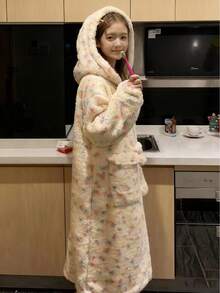 Coral Fleece Hooded Robe Pajama Set For Women, Warm & Cozy For Autumn/Winter - Multicolor - View 2
