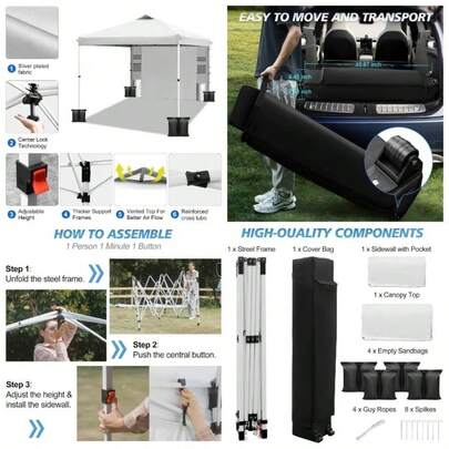 10x10 Canopy Tent, One - Button Push Setup, Tent With 1 Sidewall And 6 Pockets, Adjustable Height Instant Portable Shelter, 4 Weight Bags, Shade Events Beach White