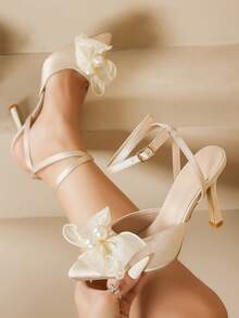 Women's New Pearl Bow Pointed Toe High Heel Elegant Pumps,Party Outfits - Champagne - View 1