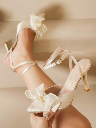 Zapatos de tacón elegantes con punta puntiaguda y lazo de perlas para mujer, atuendos de fiesta