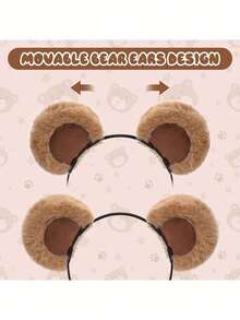 1 szt. Kawaii mała opaska na głowę z uszami niedźwiedzia, opaska z uszami niedźwiedzia brązowego, słodka opaska na włosy z ruchomymi uszami, nakrycie głowy niedźwiedzia do makijażu, mycia twarzy, cosplayu zwierząt, pluszowa opaska na głowę z niedźwiedziem, opaska na włosy, obręcz do włosów. Impreza świąteczna, impreza noworoczna