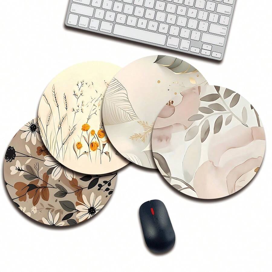 米色花朵图案圆形鼠标垫，高品质纹理鼠标垫，莱卡布材质，可水洗，尺寸 20 * 20 厘米，防滑橡胶底座，单只重量 47 克 - 彩色 - 查看 1