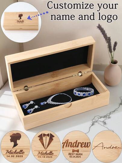 1 szt. spersonalizowanej biżuterii, zegarka, naszyjnika, pierścionka, okularów, szminki, pudełka do przechowywania olejków eterycznych, prostokątne pudełko prezentowe z klapką z drewna i bambusa w stylu vintage, spersonalizowane imię/logo, prezent dla pary/ślubu/firmy