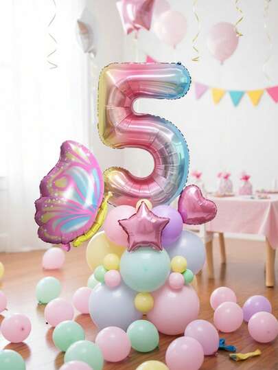23pcs Ombre Butterfly Birthday Balloon Set, 32" Ombre Number "0-9" Balloons, Pink Butterfly Balloons, Star & Heart Foil Balloons, 10" Macaron Color Latex Base, Suitable For Birthday Party, Baby Shower, Garden Theme Party, Girls Birthday Party