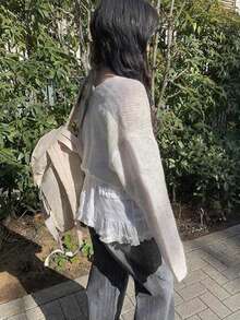 女士短款针织开衫披肩外套 - 杏色 - 查看 6