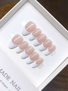 10 piezas de arte de uñas con forma de almendra hechas a mano, manicura francesa blanca pintada a mano, estilo de uñas postizas, material acrílico, arte de uñas de otoño, hecho a mano, arte de uñas acrílicas de alta calidad, diseño simple, uñas postizas de cobertura total, arte de uñas estilo Y2K, uñas postizas creativas únicas y especializadas, arte de uñas para uso diario, arte de uñas lindo y moderno, desmontable y reutilizable.