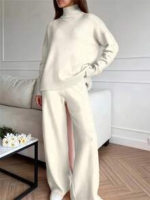 Women's 2-Piece Winter Sportswear - Oversized High Neck Sweater And Wide Leg Pants, Soft Beige Solid Color, Comfortable And Casual To Formal Attire, Simple And Elegant Design, Easy To Care For (Hand Wash/Dry Clean) - Multifunctional Daily And Formal Wear, White Split Detail Sweater Paired With Matching Pants, Loose And Suitable For Layering, Fashionable And Comfortable Two-Piece Set For Autumn And Winter Seasons - 白色 - 查看 5
