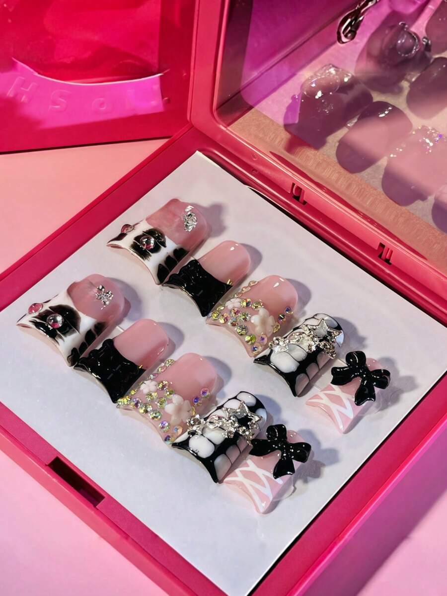 Stellar Bow Ribbon Press On Nails 10Pcs, Handmade 2026 Spring Zebra Print Nails With Black Bow, Stars & Space Charms, Balletcore Coquette Y2K Glam, Reusable Gel Acrylic - Đen và trắng - Xem 1