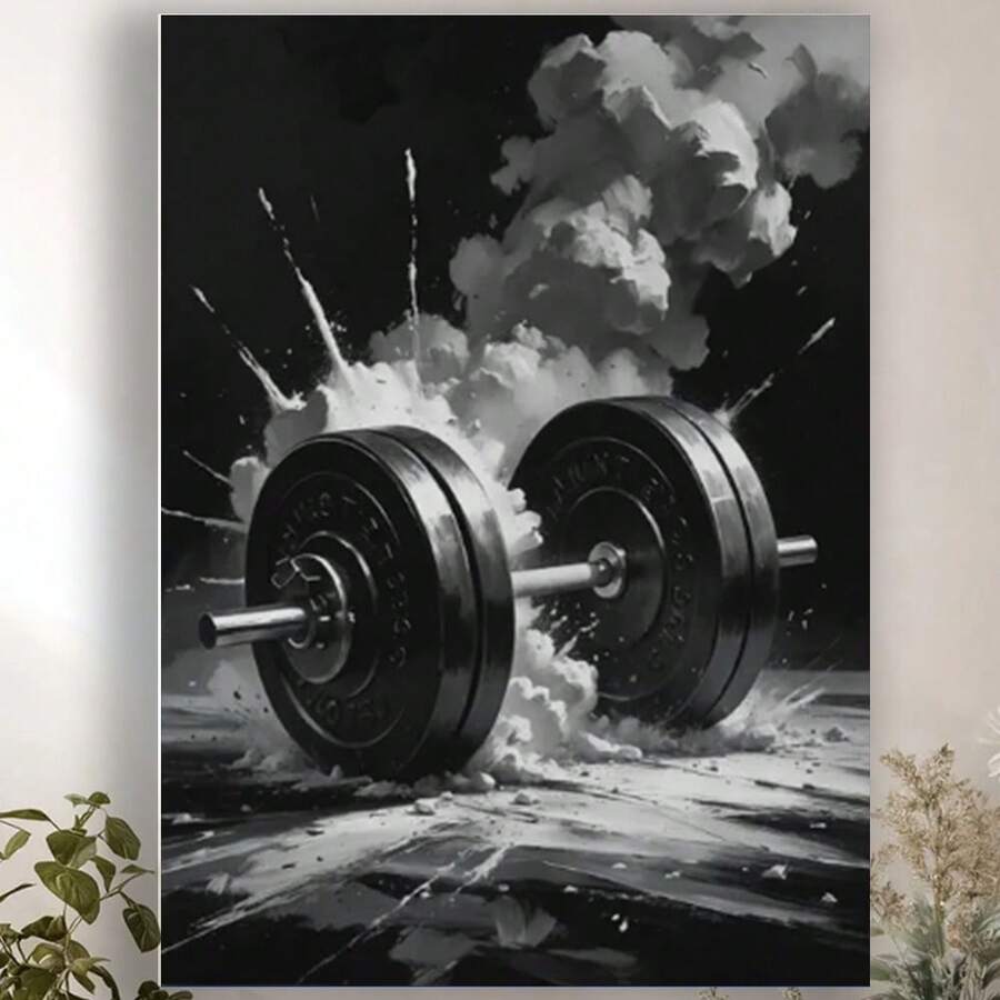 Framed  Explosive Gym Poster For Men – Black & White Barbell Explosion Art Canvas Print – Fitness Motivational Poster For Gym Wall, Office Or Home Christmas Canvas Wall Art - Framed - View 1