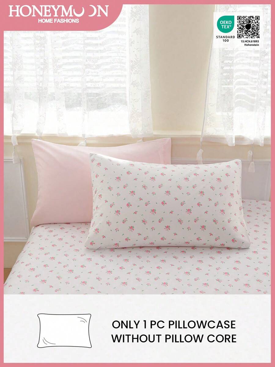 1pc Pink Floral Printed Pillowcase Without Filling, Soft Fabric Pillowcase, Suitable For Daily Living Room Bedroom Home Decor, Sofa Cushion Cover, Car Pillow Cover, All Seasons, Oeko-Tex Certified - Multicolor - View 1