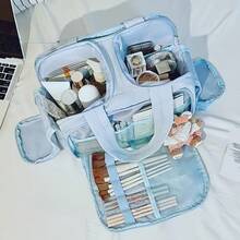 New Fashionable Women's Lightweight Travel Cosmetic Bag 4-Compartment Design Front Pocket With Two Large Mesh Pockets And Clear Bottom Storage Bag Includes Elastic Drawstring Makeup Brush Pouch Available In Four Colors - Blue - View 7